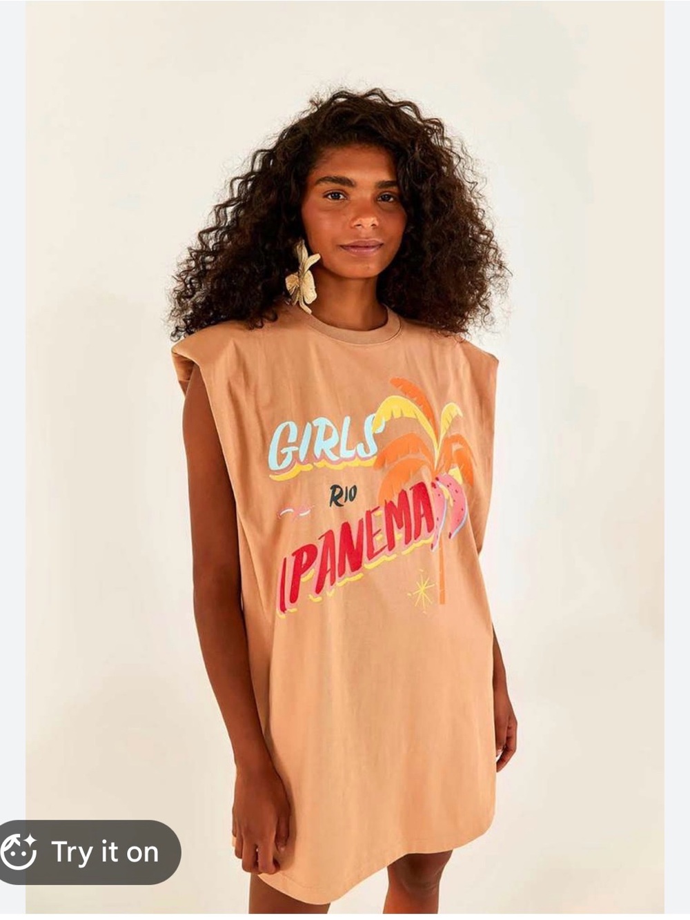 Farm Rio Graphic Tee Dress in Peach with 'Girls Rio Panema' Print in XL - Picture 2 of 4